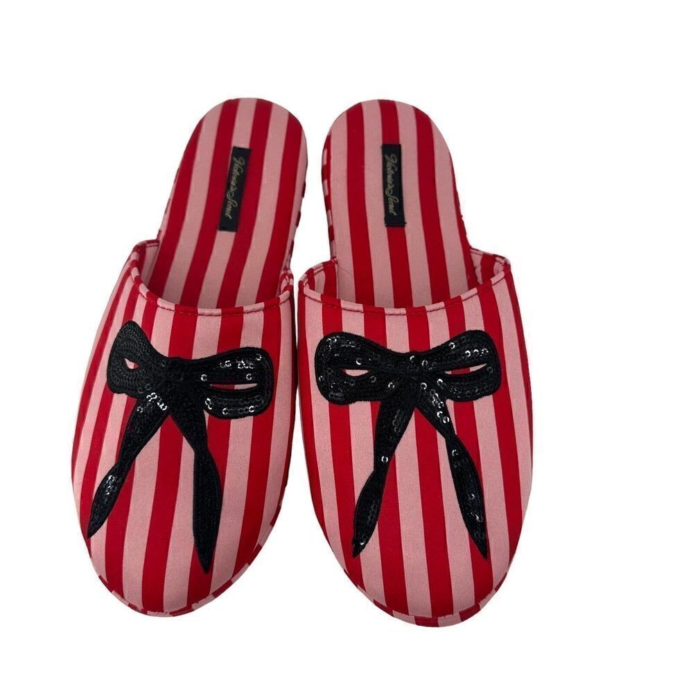 Victorias Secret Slippers Satin Bow Sequin Red Pink Size M 7-8 House Shoes Glam